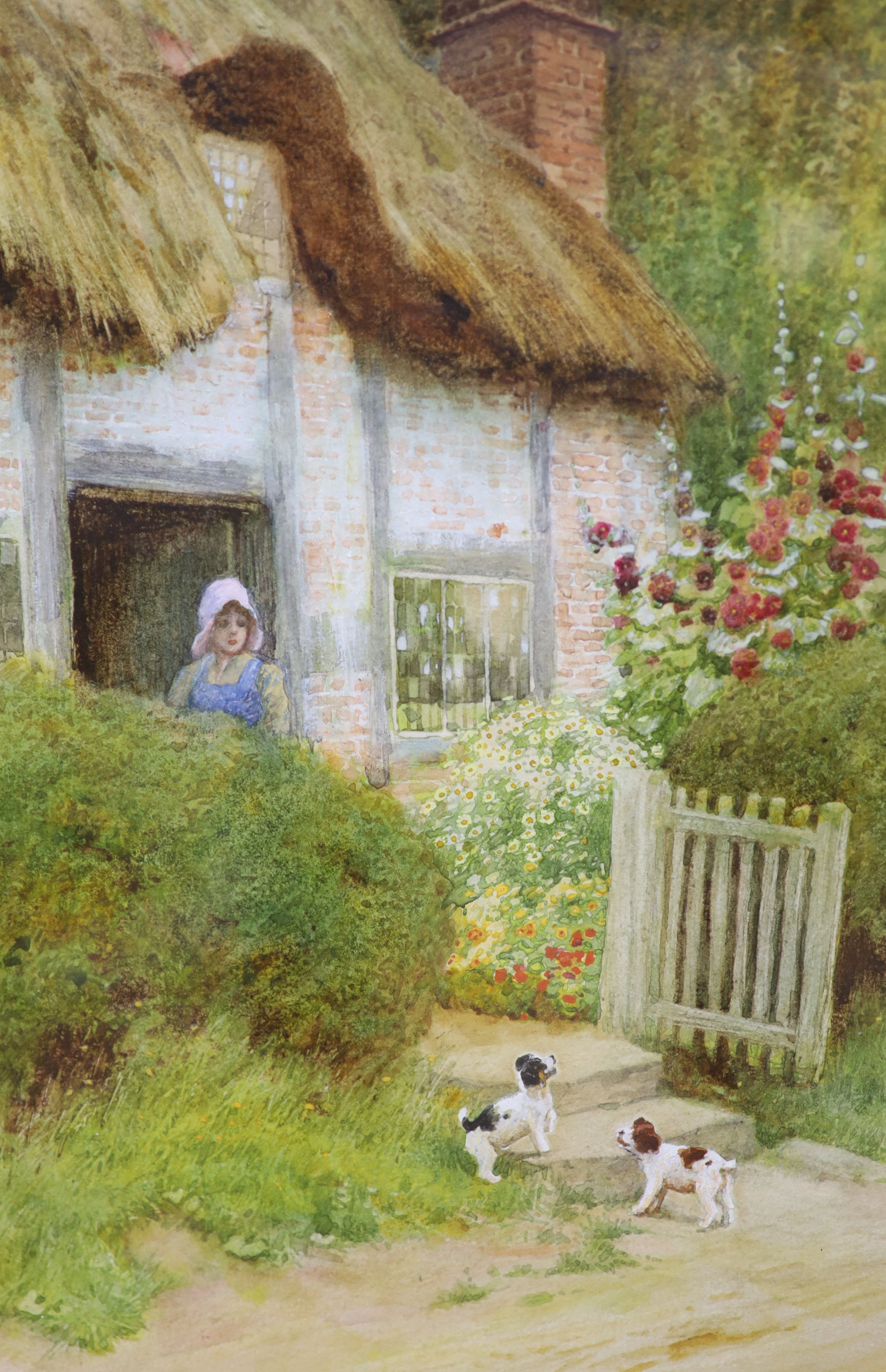 Arthur Claude Strachan, (Scottish, 1865-1938), watercolour, 'At Evesham', puppies beside a cottage, signed, 26 x 17cm